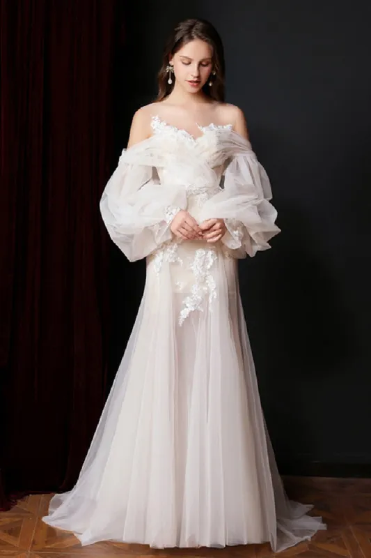 Sheath-Column Sweep-Brush Train Lace Tulle Wedding Dress 627915117567 sold by Cocomelody