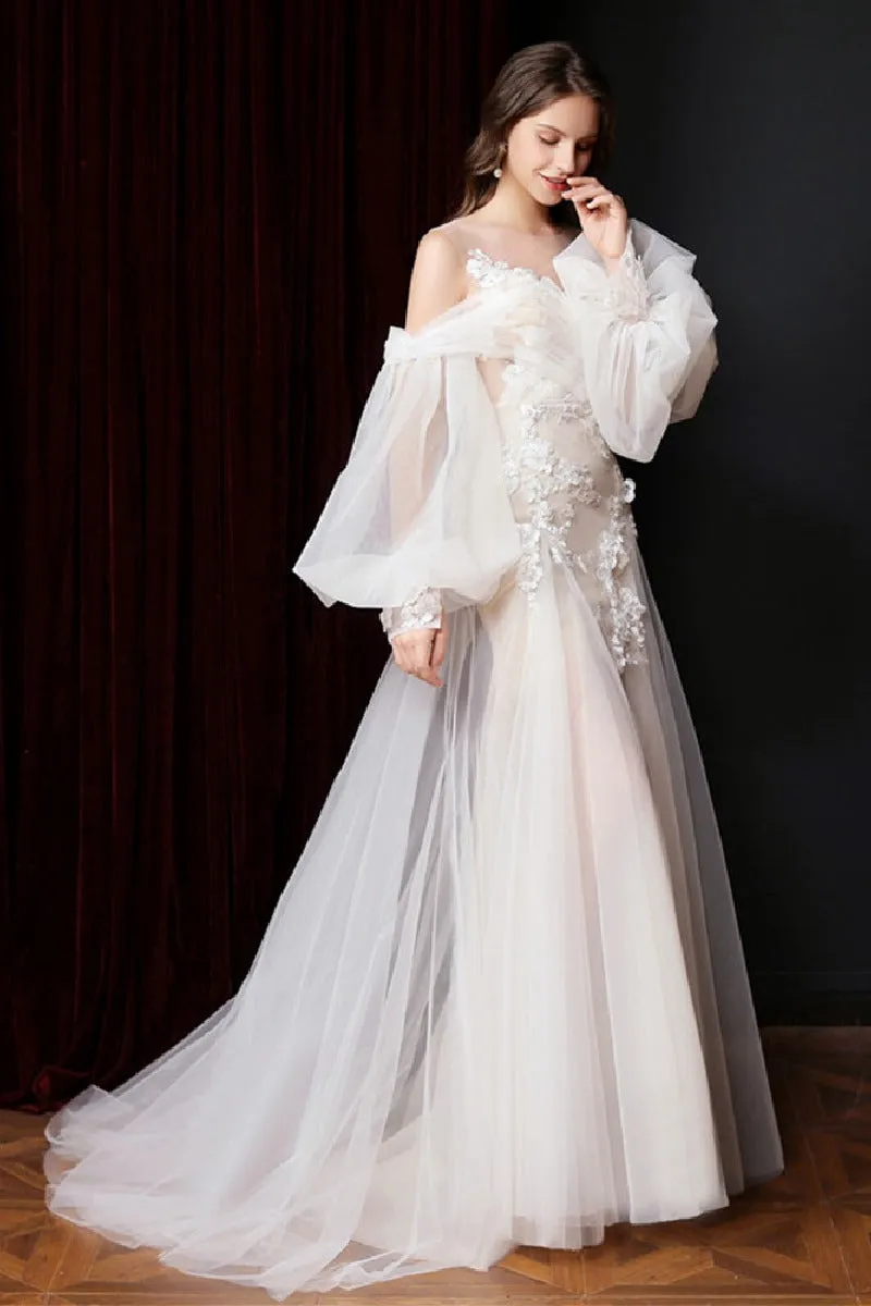 Sheath-Column Sweep-Brush Train Lace Tulle Wedding Dress 627915117567 sold by Cocomelody product image thumbnail 4