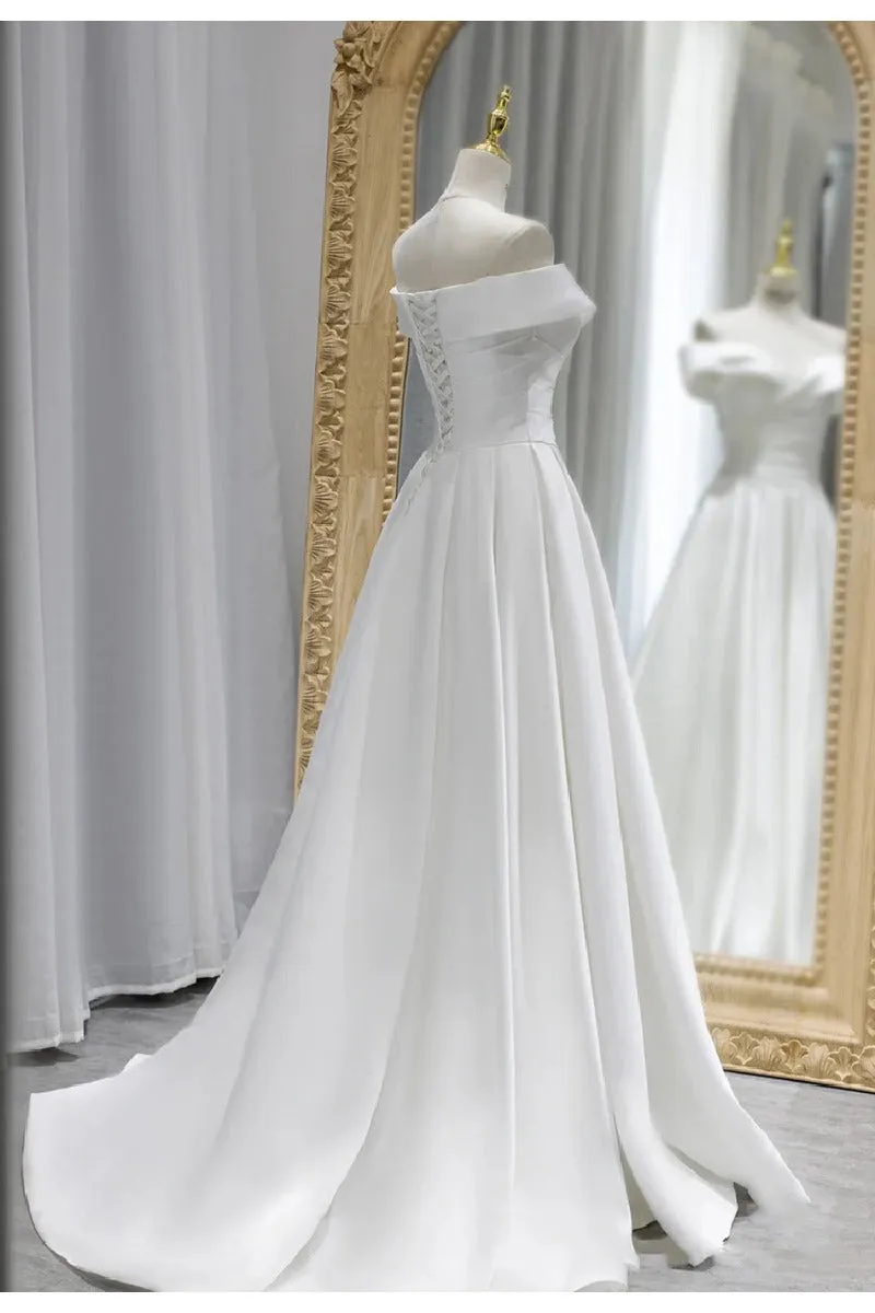 A-Line Sweep-Brush Train Satin Wedding Dress 657200409206 sold by Cocomelody product image thumbnail 2