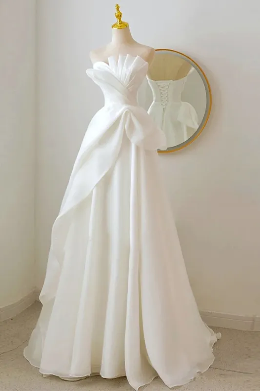 A-Line Sweep-Brush Train Organza Satin Wedding Dress 724137910656 sold by Cocomelody