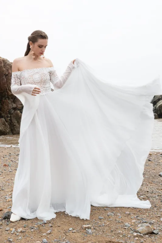 A-Line Court Train Chiffon Lace Wedding Dress CW2223CR sold by Cocomelody