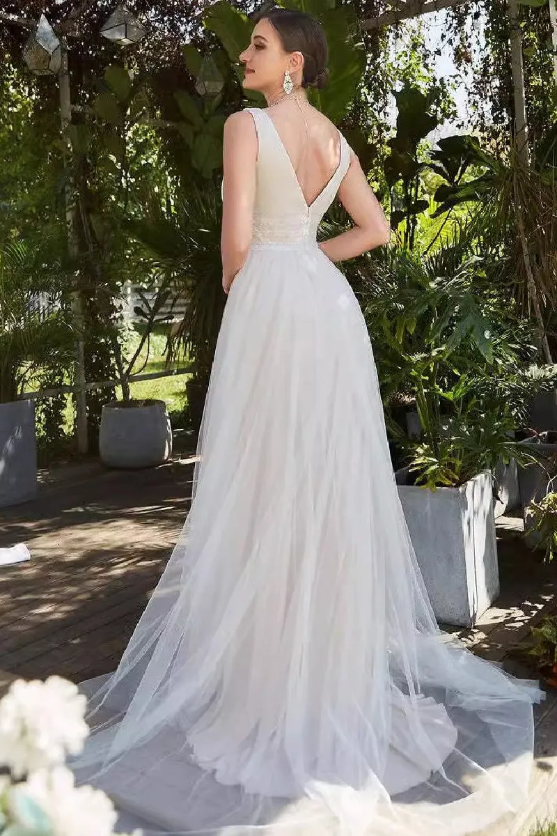A-Line Sweep-Brush Train Tulle Wedding Dress 837230348553 sold by Cocomelody product image thumbnail 2
