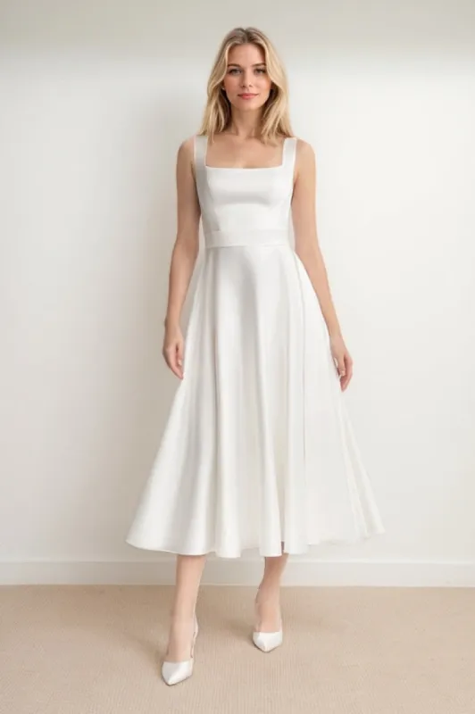 A-Line Tea Length Satin Wedding Dress CW3438 sold by Cocomelody