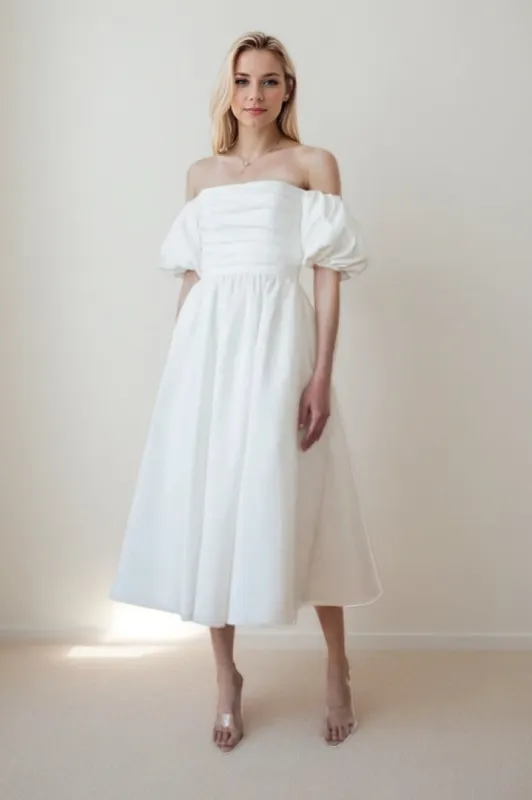 A-Line Tea Length Satin Wedding Dress CW3436 sold by Cocomelody