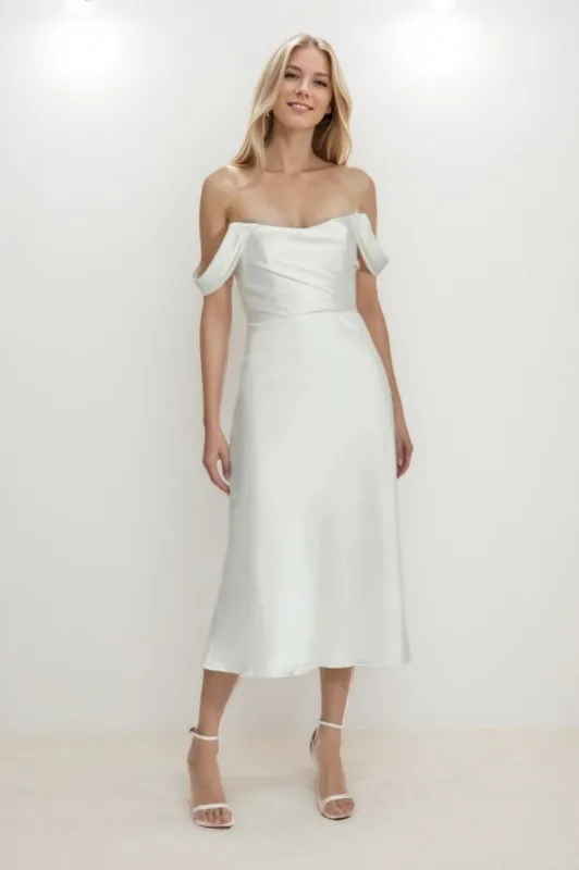 A-Line Tea Length Satin Wedding Dress CW3420 sold by Cocomelody