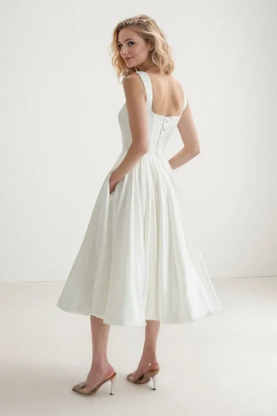 A-Line Tea Length Satin Wedding Dress CW3406 sold by Cocomelody product image thumbnail 2