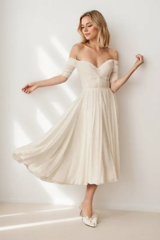 A-Line Tea Length Lace Tulle Wedding Dress CW3431 sold by Cocomelody