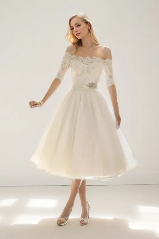 A-Line Tea Length Lace Tulle Wedding Dress CW3428 sold by Cocomelody