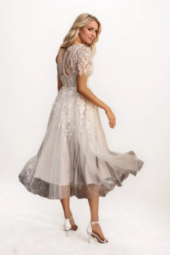 A-Line Tea Length Lace Tulle Wedding Dress CW3427 sold by Cocomelody product image thumbnail 2