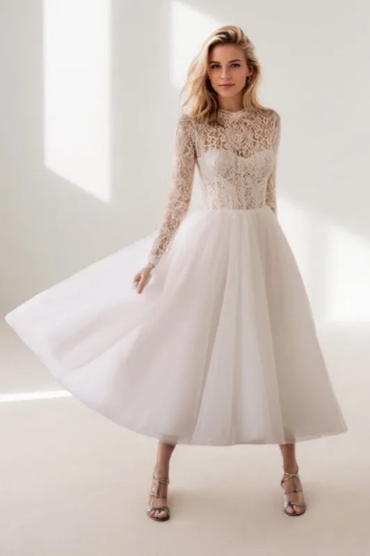 A-Line Tea Length Lace Tulle Wedding Dress CW3424 sold by Cocomelody