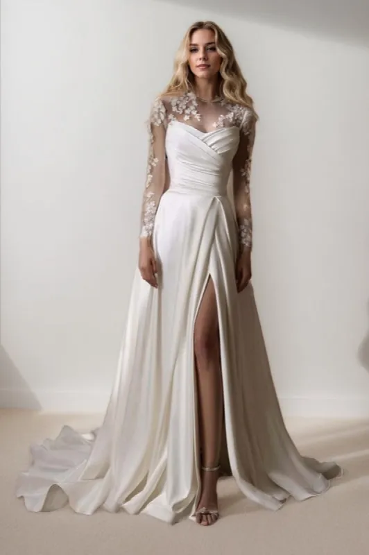 A-Line Sweep-Brush Train Lace Satin Wedding Dress CW3453 sold by Cocomelody
