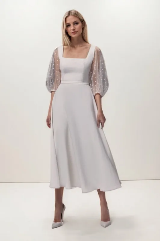 A-Line Tea Length Chiffon Elastic Cloth Wedding Dress CW3422 sold by Cocomelody