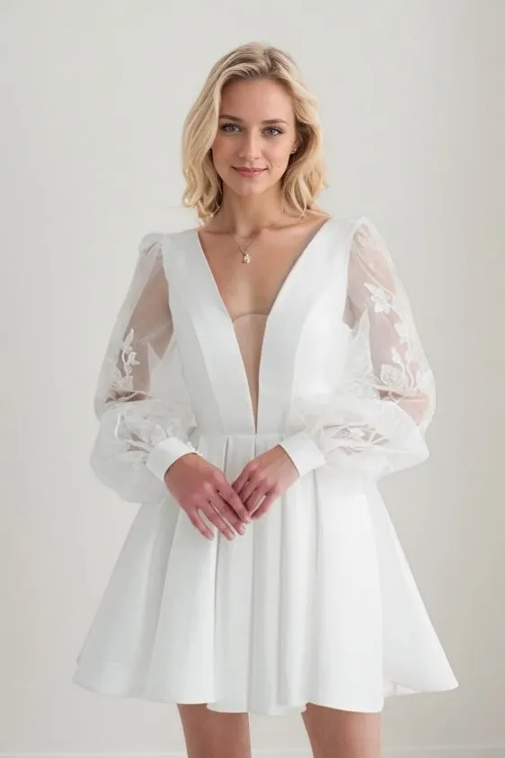 A-Line Short-Mini Satin Lace Wedding Dress CW3412 sold by Cocomelody