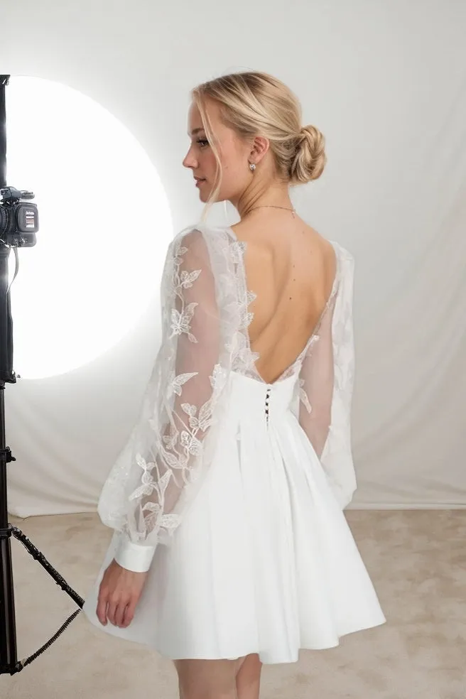 A-Line Short-Mini Satin Lace Wedding Dress CW3412 sold by Cocomelody product image thumbnail 2