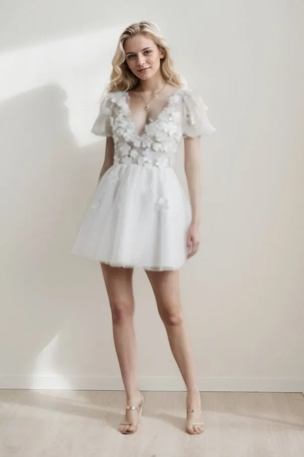 A-Line Short-Mini Lace Tulle Wedding Dress CW3414 sold by Cocomelody