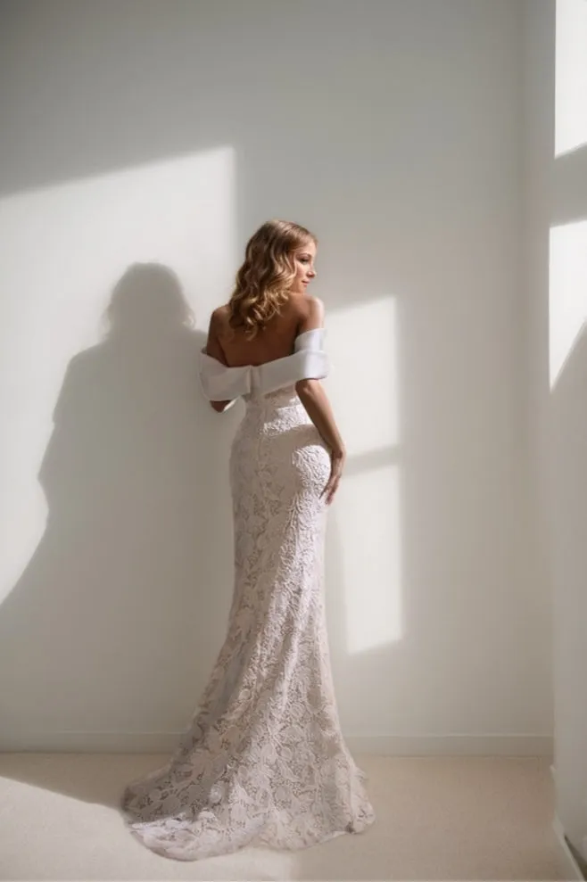 A-Line Sweep-Brush Train Lace Satin Wedding Dress CW3468 sold by Cocomelody product image thumbnail 2