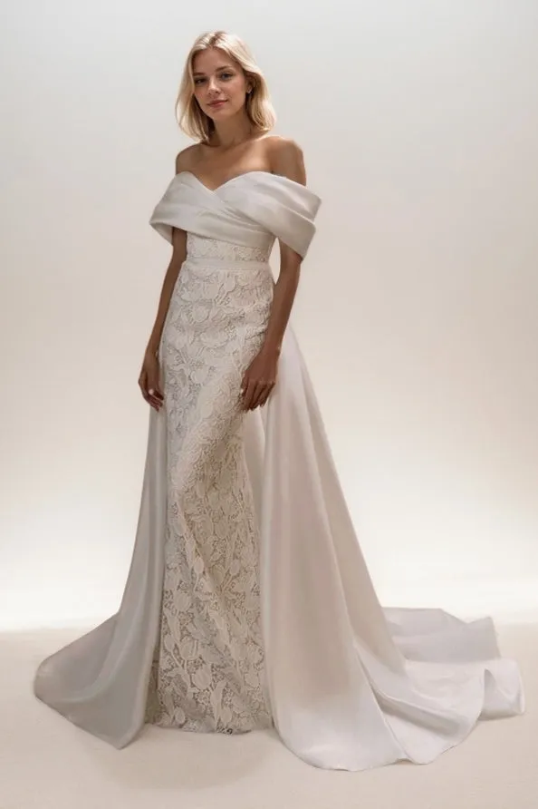 A-Line Sweep-Brush Train Lace Satin Wedding Dress CW3468 sold by Cocomelody