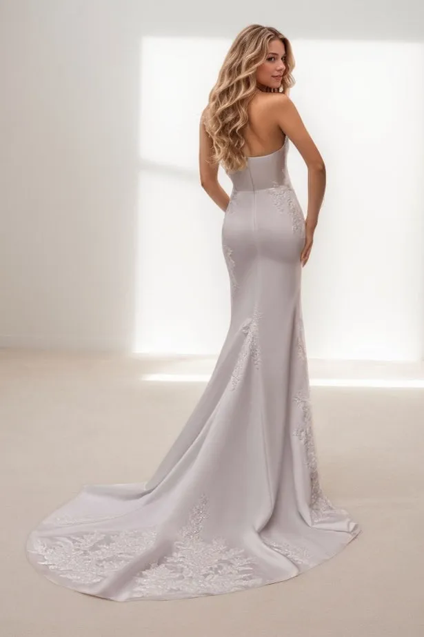 A-Line Court Train Lace Satin Wedding Dress CW3467 sold by Cocomelody product image thumbnail 2