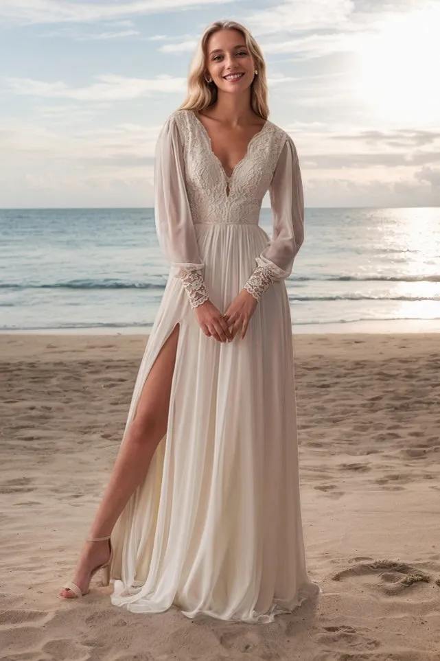 A-Line Sweep-Brush Train Lace Chiffon Wedding Dress CW3521 sold by Cocomelody