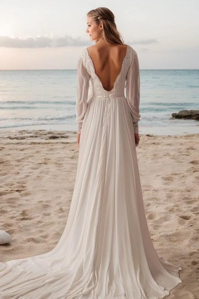 A-Line Sweep-Brush Train Lace Chiffon Wedding Dress CW3521 sold by Cocomelody product image thumbnail 2