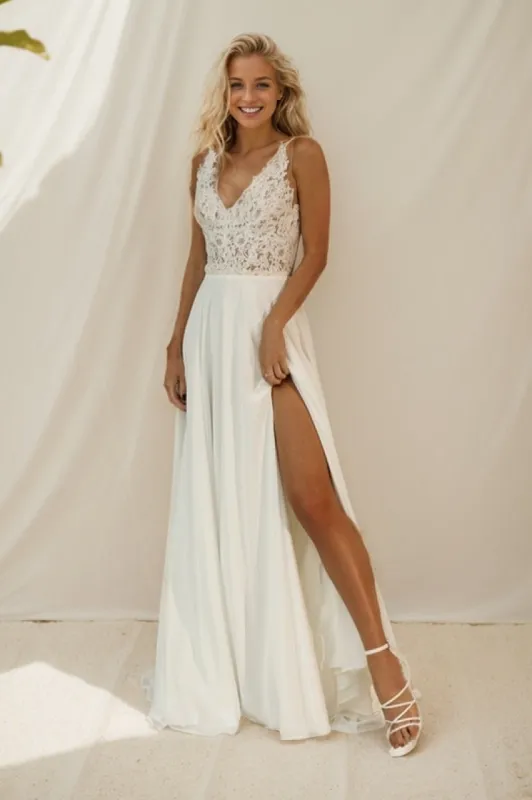 A-Line Sweep-Brush Train Lace Chiffon Wedding Dress CW3514 sold by Cocomelody