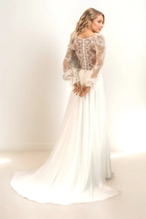 A-Line Sweep-Brush Train Lace Chiffon Wedding Dress CW3513 sold by Cocomelody product image thumbnail 2