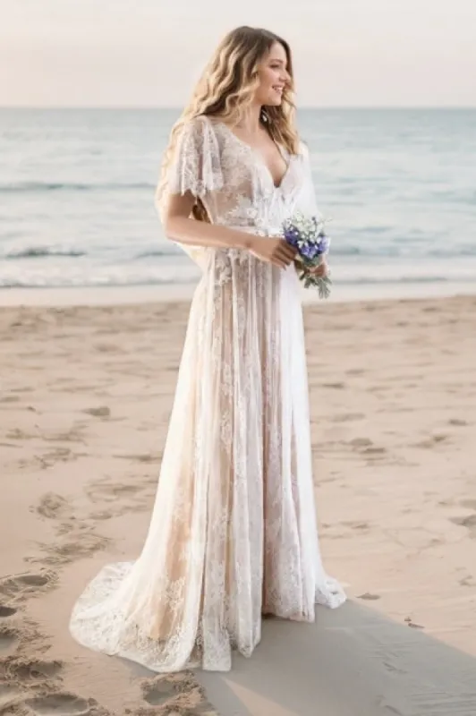 A-Line Sweep-Brush Train Lace Wedding Dress CW3511 sold by Cocomelody