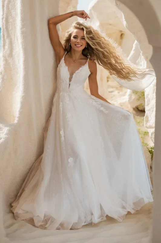 A-Line Sweep-Brush Train Lace Tulle Wedding Dress CW3510 sold by Cocomelody