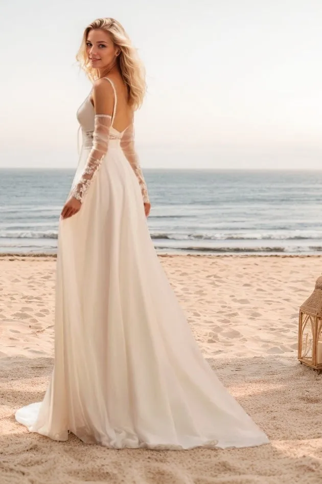 A-Line Sweep-Brush Train Lace Chiffon Wedding Dress CW3501 sold by Cocomelody product image thumbnail 2