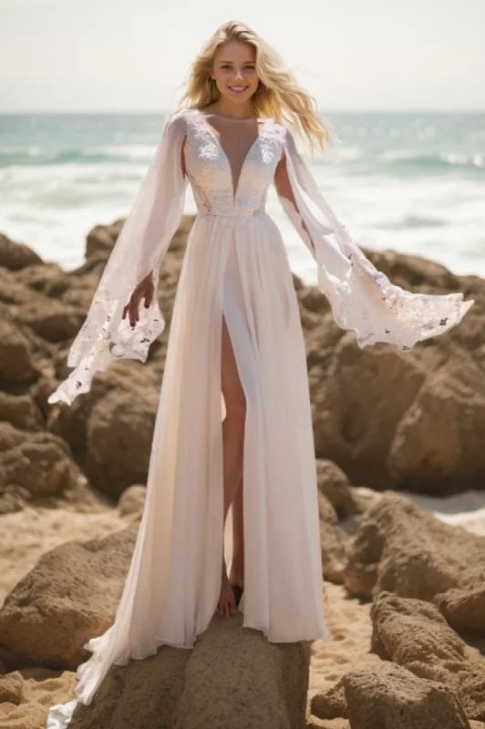 A-Line Sweep-Brush Train Lace Chiffon Wedding Dress CW3500 sold by Cocomelody