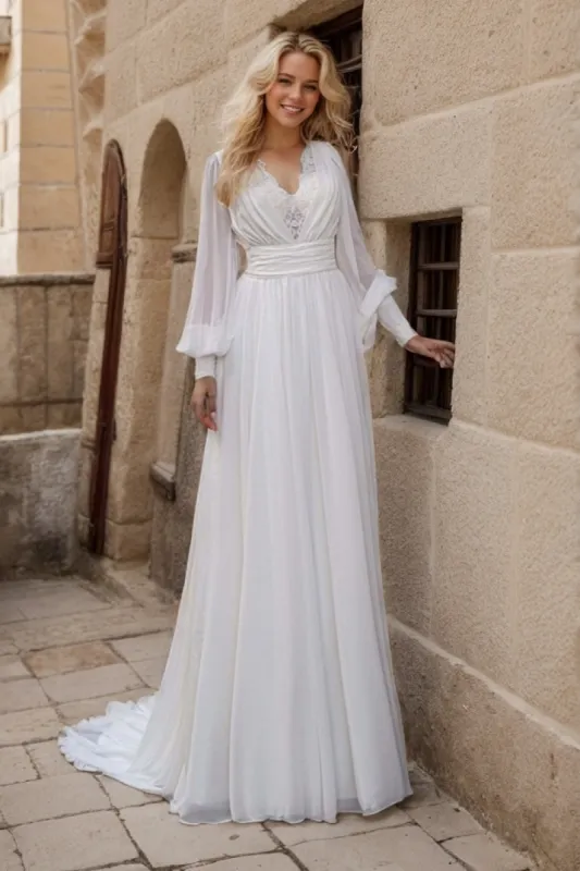 A-Line Sweep-Brush Train Lace Chiffon Wedding Dress CW3498 sold by Cocomelody