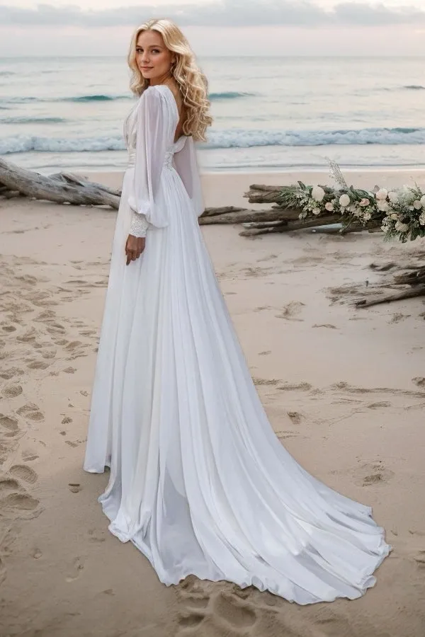 A-Line Sweep-Brush Train Lace Chiffon Wedding Dress CW3498 sold by Cocomelody product image thumbnail 2