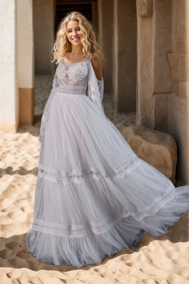 A-Line Sweep-Brush Train Lace Tulle Wedding Dress CW3497 sold by Cocomelody