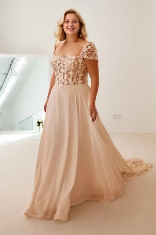 A-Line Sweep-Brush Train Lace Chiffon Wedding Dress CW3496 sold by Cocomelody