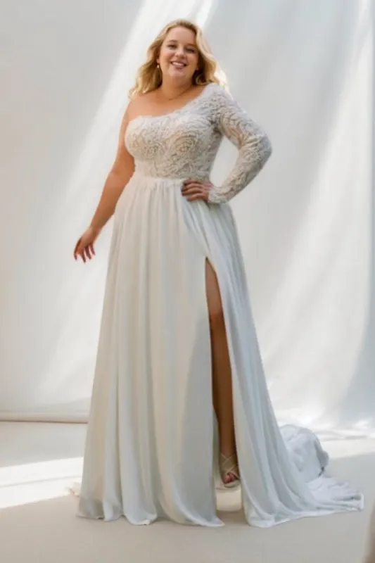 A-Line Sweep-Brush Train Lace Chiffon Wedding Dress CW3495 sold by Cocomelody
