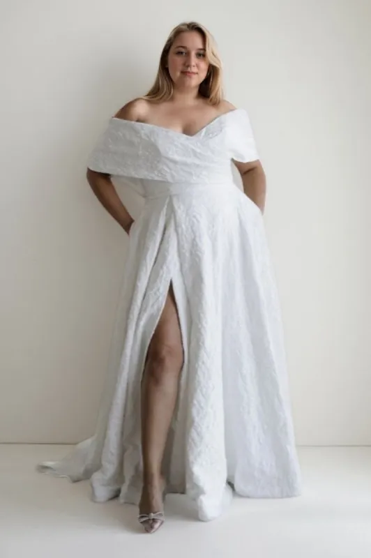 A-Line Sweep-Brush Train Jacquard Satin Wedding Dress CW3481 sold by Cocomelody