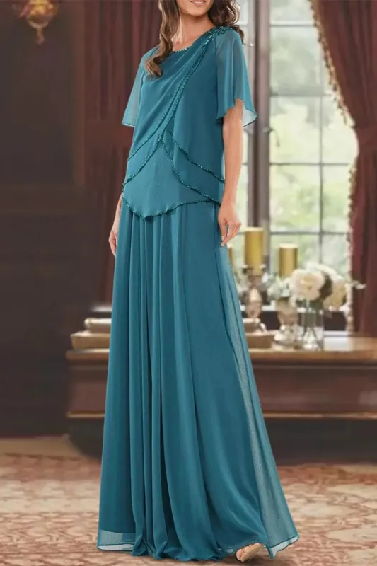 A Line Jewel Neck Short Sleeves Floor Length Mother Dress CM0363 sold by Cocomelody