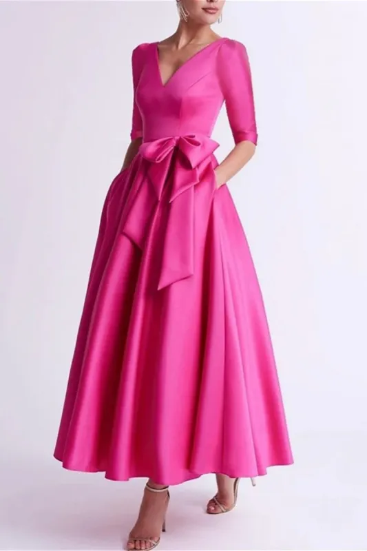 A Line V Neck 3/4 Length Sleeve Tea Length Satin Mother Dresses CM0344 sold by Cocomelody