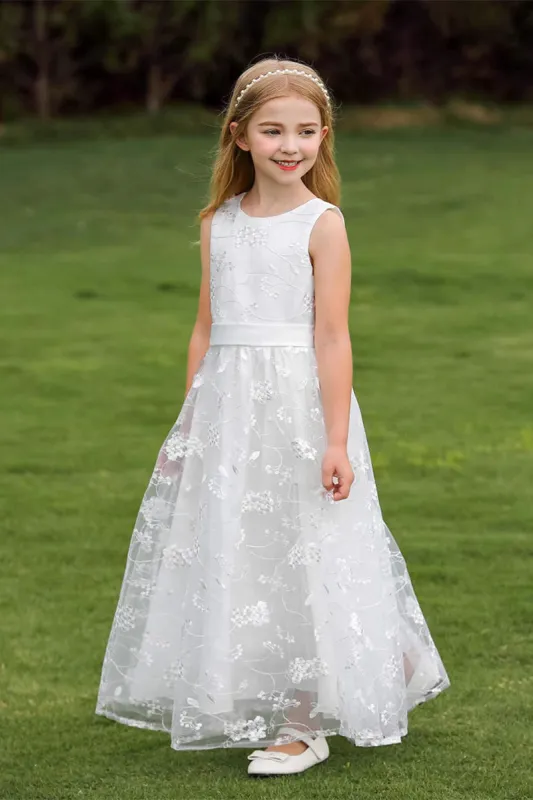 A-Line Illusion Neck Tulle Maxi Flower Girl Dresses 850572630797 sold by Cocomelody