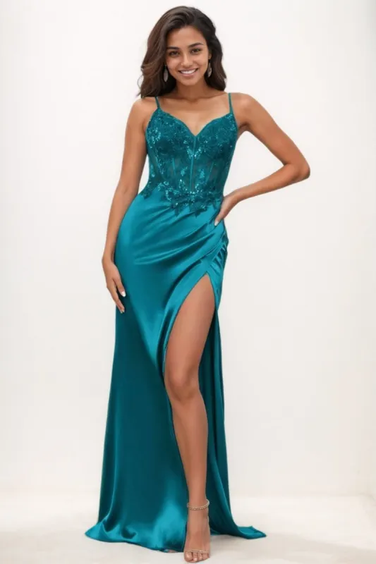 V-Neck Lace Corset High Split Sweep Train Prom Dresses CS0770 sold by Cocomelody