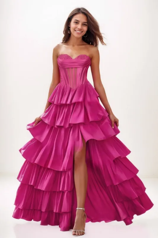 Princess Ball Gown Charmeuse Prom Dresses With Tiered Skirt CS0757 sold by Cocomelody