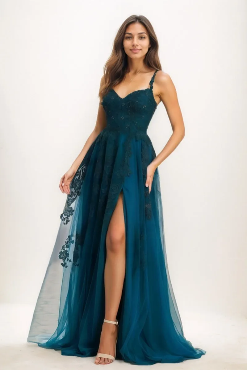 A-Line V-Neck Satin/Tulle Prom Dresses With High Split CS0755 sold by Cocomelody