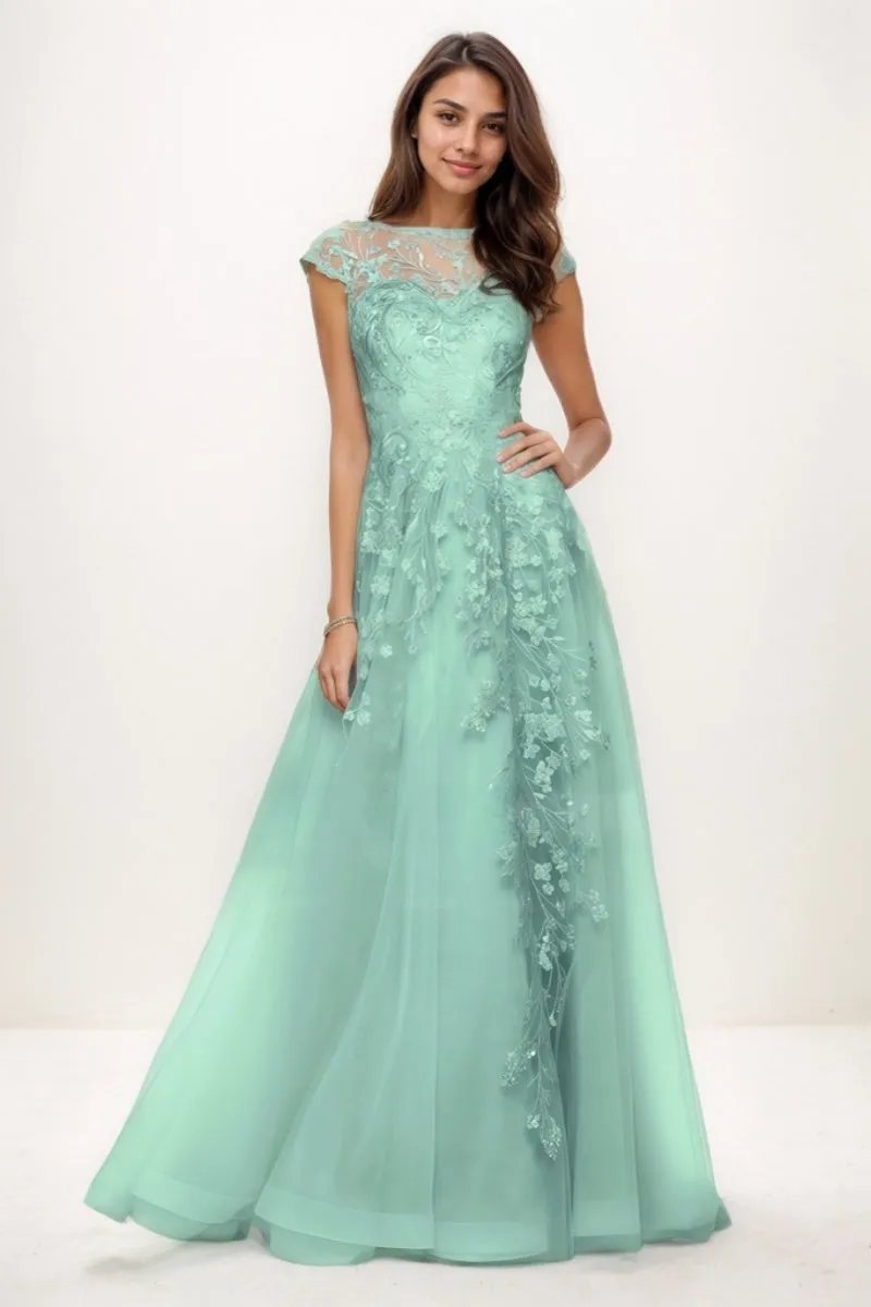 Illusion Neck A-Line Sweep Train Lace/Tulle Prom Dresses CS0747 sold by Cocomelody
