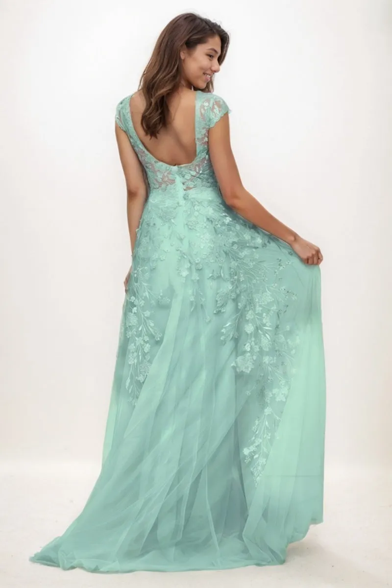 Illusion Neck A-Line Sweep Train Lace/Tulle Prom Dresses CS0747 sold by Cocomelody product image thumbnail 2