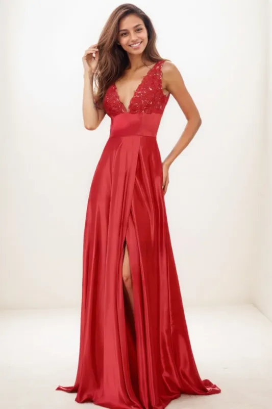 V-Neck A-Line High Split Sweep Train Charmeuse Prom Dresses CS0742 sold by Cocomelody