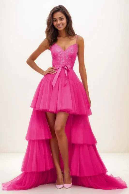V-Neck A-Line Asymmetrical Length Lace/Tulle Prom Dresses CS0740 sold by Cocomelody