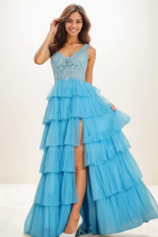 Dreamy Lace V-Neck A-Line Floor-Length Tulle Prom Dresses CS0736 sold by Cocomelody