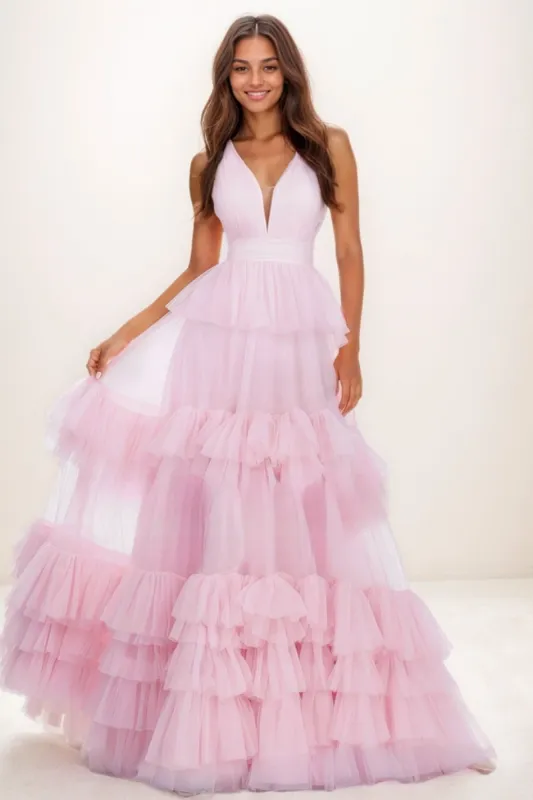 V-Neck A-Line  Floor-Length Tulle Prom Dresses With Ruffle CS0731 sold by Cocomelody