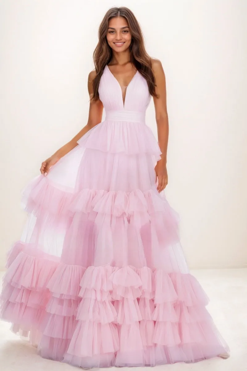 V-Neck A-Line Floor-Length Tulle Prom Dresses With Ruffle CS0731 sold by Cocomelody