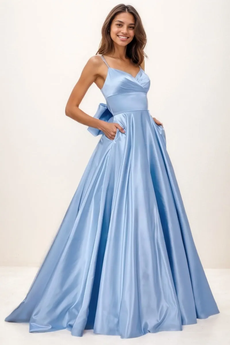 V-Neck A-Line Sweep Train Satin Prom Dresses With Bow(s) CS0727 sold by Cocomelody